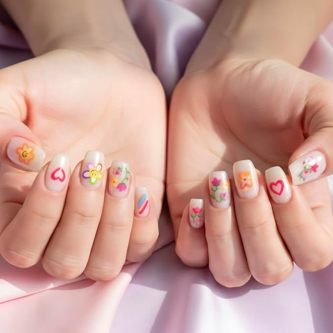 3D Embossed Korean Style Spring Bloom Nail Art Stickers, Flowers, Butterflies, Bunnies, Rainbow, Hearts, Self-Adhesive, Easy DIY for Everyday Outfit, Rainbow+Flower, 2 Pack