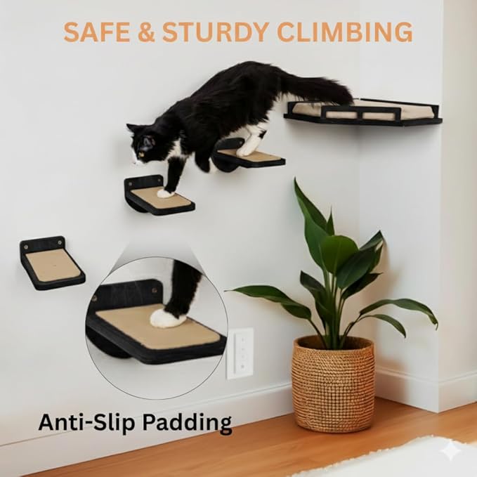 INICIO Cat Wall Shelves - Corner Shelf with 3 Cat Wall Steps - Black | Safe and Sturdy Cat Shelves for wall, Steps and Shelf for Indoor Cats up to 15lbs - Cushioned Perch for Climbing and Playing