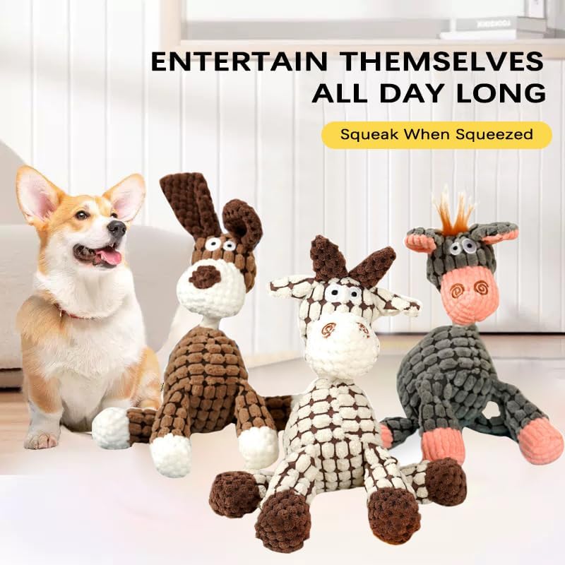 Interactive Plush Dog Chew Toy with Squeaky Rubber Ball, Cute Animal Printed Stuffed Pet Toy for Aggressive Chewers, Durable Eco-Friendly Puppy Teething Toy (Brown)