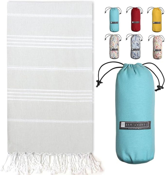 BAY LAUREL Turkish Beach Towel with Travel Bag 39 x 71 Quick Dry Sand Free Lightweight Large Oversized Towels Light - (Pale Grey with Turquoise)