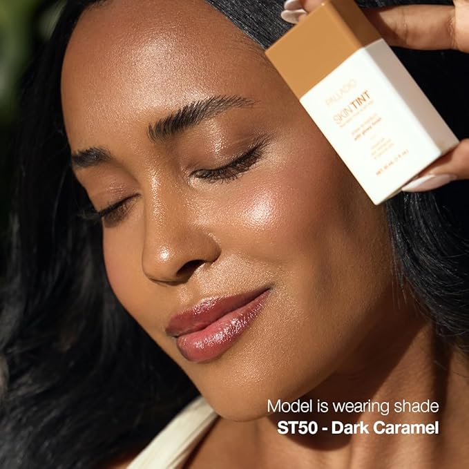 Palladio Skin Tint with Aloe, Niacinamide and Hyaluronic Acid, Sheer to Medium Coverage, Glowy Finish, Brightening and Blurring Lightweight Foundation Makeup (Dark Caramel)