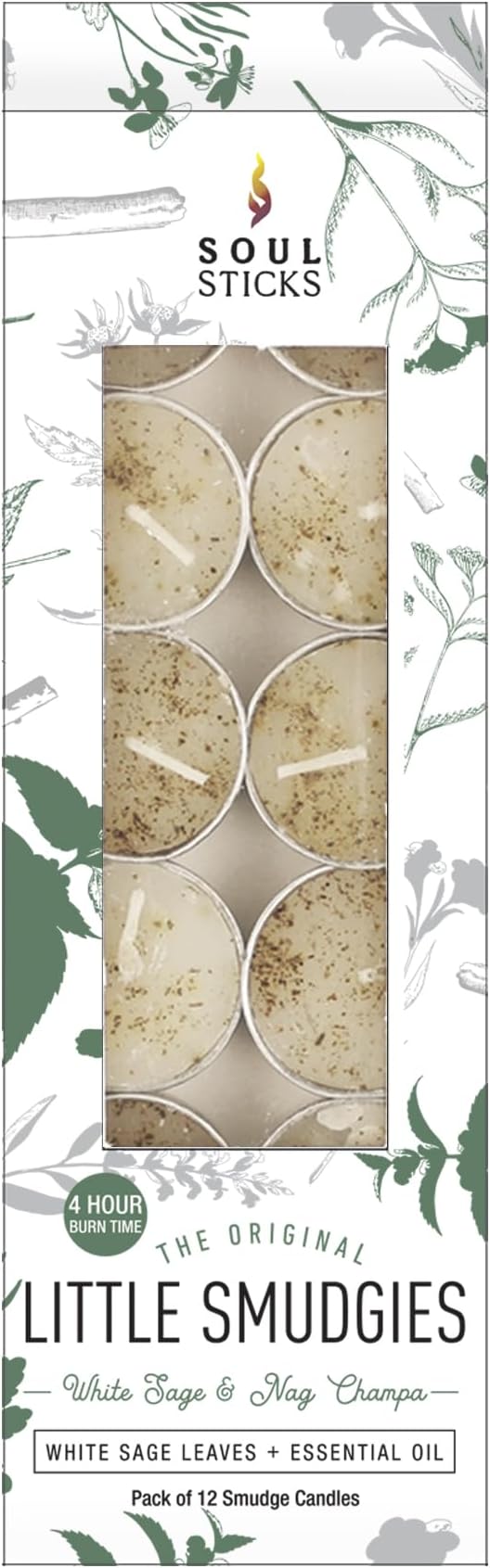 SOUL STICKS 12 Pack Little Smudgies Tealight Candles Smudge Candle for Cleansing House, Meditation, Chakra Healing | Made with Crystals and Herbs (White Sage & Nag Champa)