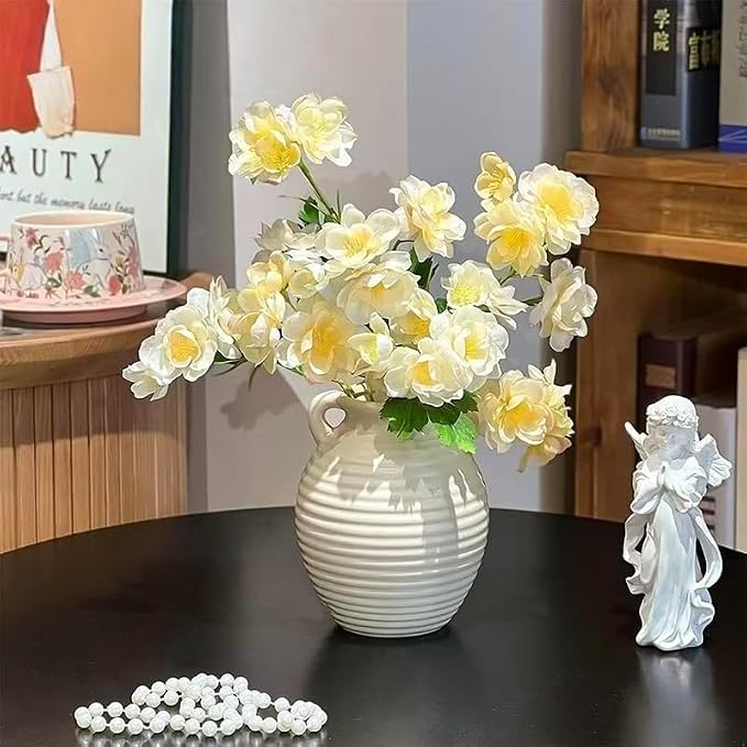 Ceramic Vase, 6-inch Small White Farmhouse Vase for Rustic Home Decor, Modern Cloud Texture Decorative Pitcher Vase for Living Room, Shelf, Mantle, Table Centerpiece,Flower Vase (6-inch dual speakers)
