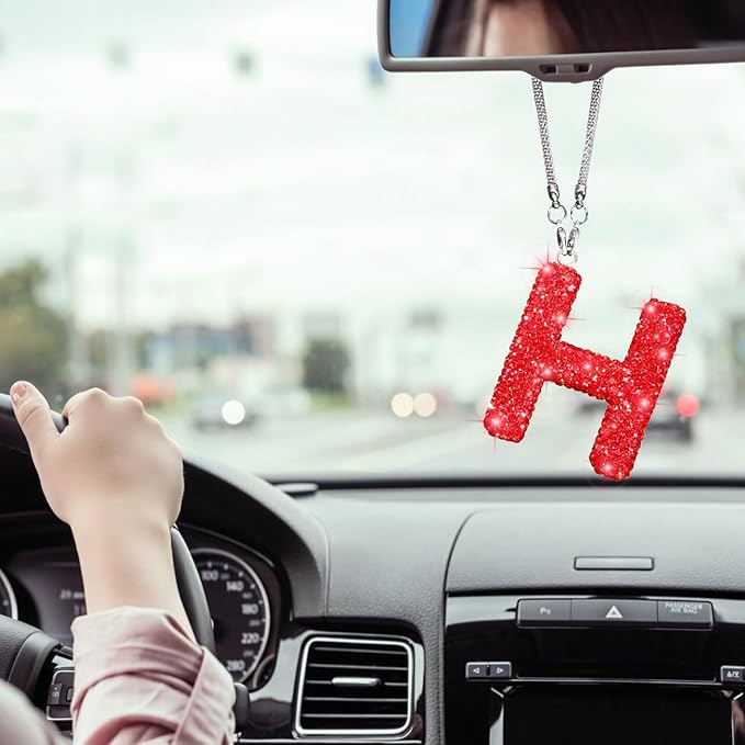 Bling Letter H Car Charm Pendant Letter Hanging Ornament for Rear View Mirror Decoration (Red, H)
