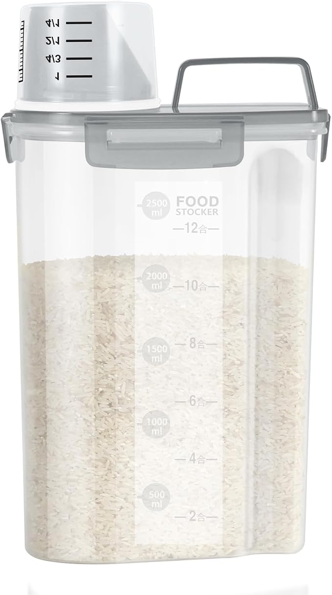 LEAWALK Airtight Rice Storage Container, 3-5Lbs Cereal Dry Food Flour Bin, Pet Dog Cat Food Dispenser with Measuring Cup, BPA Free Plastic Kitchen and Pantry Organization Bin for Sugar-Clear Grey