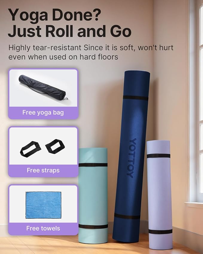 YOTTOY Large Yoga Mat (75 * 52 * 1/2inch),Extra Wide TPE Exercise Mat,Non-Slip Workout Mat for Pilates, Fitness, Barefoot, Home Gym Studio with Strap and Towel
