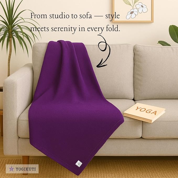 Yogikuti Iyengar Cotton Yoga Blanket Set of One – Thick Handwoven Yoga Blankets for Restorative Yoga, Meditation & Pranayama – Premium Cotton Yoga Blanket for Support & Comfort in Pranayama (Purple)