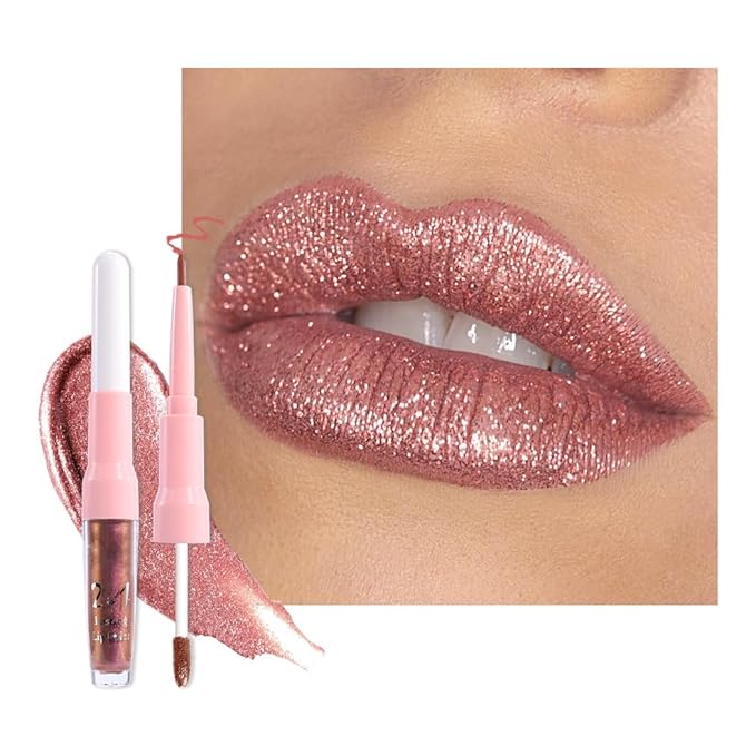 evpct Nude Gold Metallic Glitter Lip Liner and Lipstick Combo Lip Gloss Stain Set Makeup for Women Long Lasting Waterproof 24, Nude Gold Metallic Shimmer Frosted Iridescent Glossy Liquid Lipstick 27