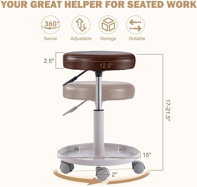 Rolling Salon Stool with Storage Tray (Coffee)