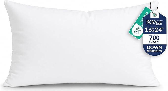 ROYALE LINENS 16 x 24 Pillow Insert - Down Alternative Throw Pillows Insert - Rectangle Pillow Pack of 1 White - Bed & Couch Pillows - Inner Cushion for Bed, Cushion for Living Room - Shams Stuffer