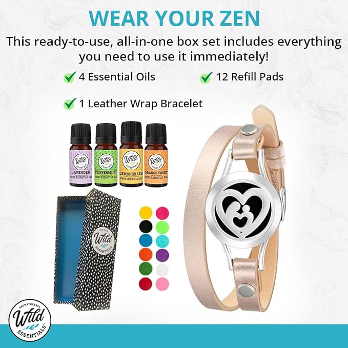 Wild Essentials MOM Essential Oil Leather Wrap Bracelet Diffuser Kit, Gift Set, Lavender, Lemongrass, Peppermint, Orange Oils, 12 Pads, Customizable Color Changing Perfume Jewelry, Aromatherapy