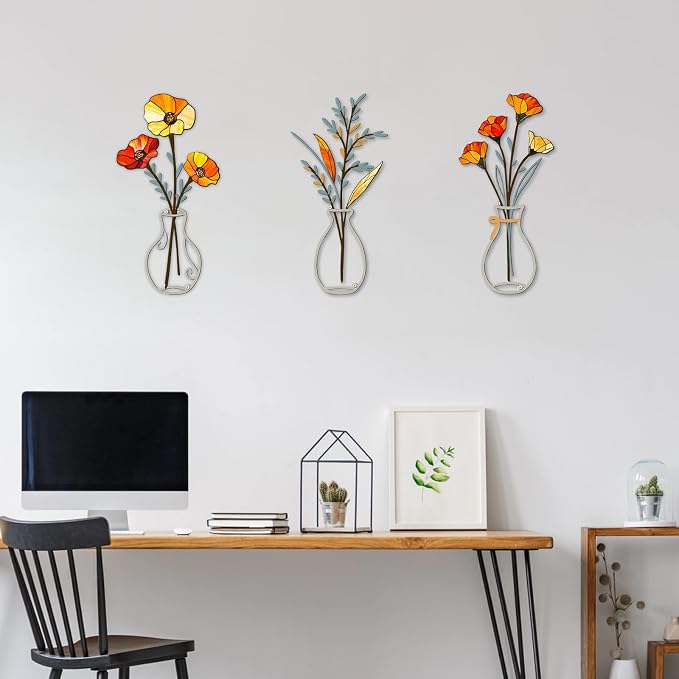 3 Pcs Metal Flowers Wall Arts,Yellow Metal Vase Wall Art,Iron Art Painting,Rustic Farmhouse Decor Minimalist Flower Decor for Bedroom Bathroom Living Room Dining Room(Yellow, Vase-C)