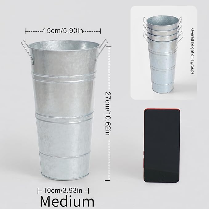 Notakia 10.62 Inch Galvanized Metal Vases Farmhouse French Flower Bucket Vases for Cut Flowers for Home Decor and Wedding Table Centerpiece Decorations (Medium Silver 8Pcs)