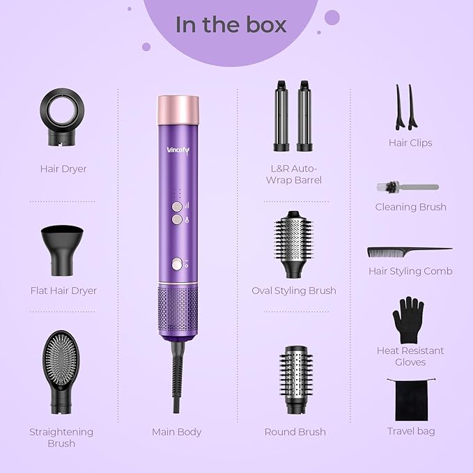 Vincofy 7 in 1 Blow Dryer Brush Set – Hot Air Styler for Fast Drying, Curling, Straightening & Volumizing – Ionic Hair Dryer Brush with 1200W Power – No Heat Damage for All Hair Types – Lilac