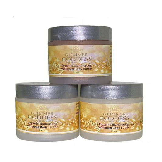 GLIMMER GODDESS Shimmer Body Butter with Organic Whipped Shea Butter for Hydration, Moisturizing & Silky Natural Glow - Bronze, Diamond & Gold in Sexy, 2oz, Pack of 3