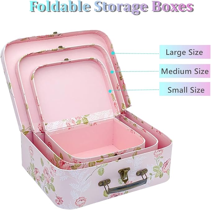 Paperboard Suitcases Set of 3 Decorative Storage Boxes With Lids, Gift Boxes With Lids For Presents, Compatible with Travel Dollhouses, Wedding Card Box or New Year Decorations (Pink Flowers)