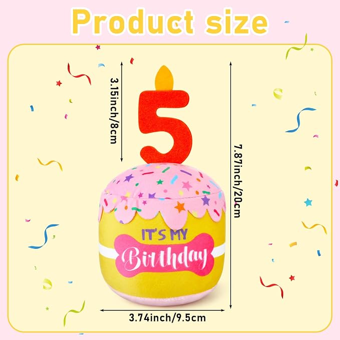 Dansydaisy Dog Birthday Cake Toy Squeaky Plush Gift,5th,Pink and Yellow