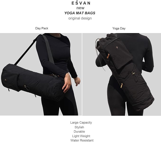 ESVAN Yoga Mat Bag with Multi Pockets Drawstring Yoga Mat Carrier Pilates Exercise Multi-Functional Storage Bag