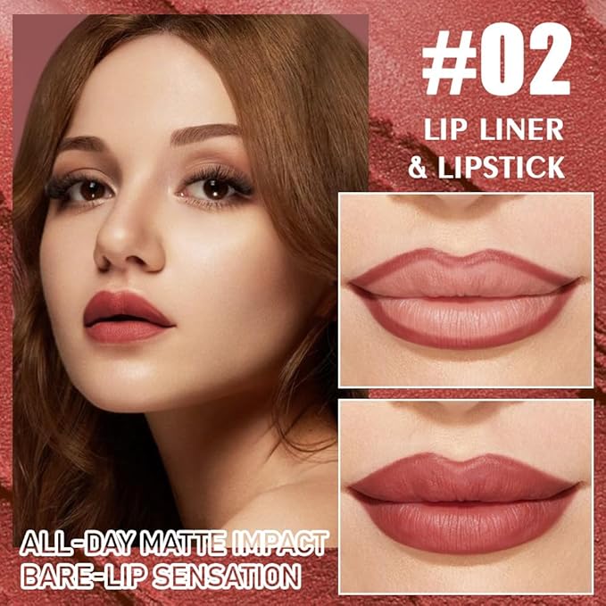 2-in-1 Brown Matte Lip Liner & Lipstick Combo Set,Lips Kit with Lip Liner Lip Stains Long Lasting Waterproof Smudge Proof for Older Women 24 Hours Lipliners Pencil Lipstick Makeup Gift Kit,Vegan