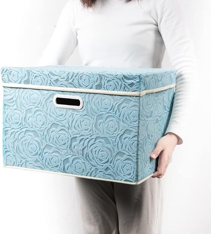 Large Collapsible Storage Boxes with Lids [5-Pack] Fabric Decorative Storage Bins Cubes Organizer Containers Baskets with Cover Handles for Bedroom Closet Nursery Blue 17.5x11.8x11.8 Inch