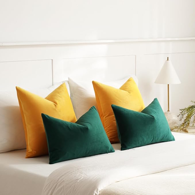 Throw Pillow Covers 18x18 Gold Yellow: Pack of 2 Cozy Soft Velvet Square Modern Luxury Decorative Throw Pillow Cases for Sofa Couch Living Room Bed Home Decor