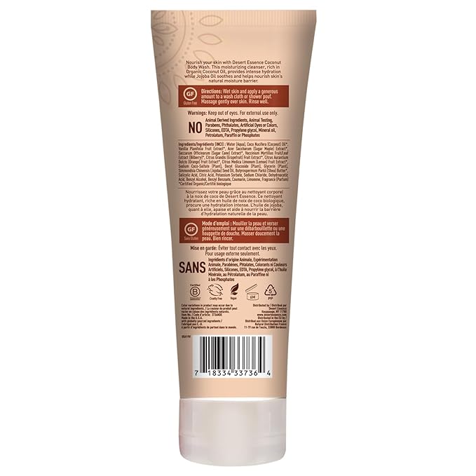Desert Essence Coconut Body Wash - Nourishing Body Wash with Jojoba Oil, Organic Coconut Oil, Shea Butter - Vegan, Cruelty-Free, Gluten-Free - Hydrating Natural Body Wash for Smooth Skin Care - 8 oz