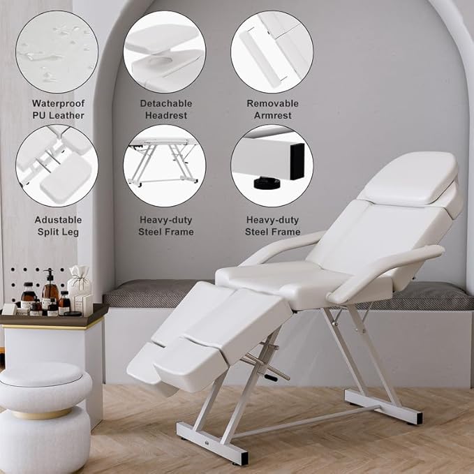 SyyBhb Multi-Purpose Massage Table Tattoo Bed Chair with Storage Pocket for Esthetician, Split Legs, Adjustable Length & Angle, 3 Section, White