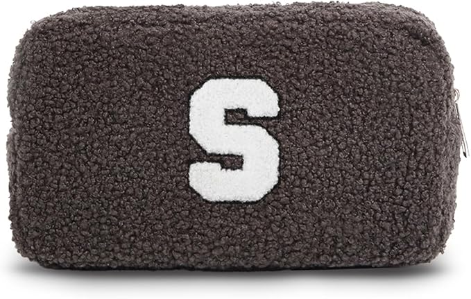 Cute Makeup Bag, Initial Cosmetic Bag, Fuzzy Makeup Bags for Women, Beauty Pouch with Chenille Letter, Personalized Cosmetic Pouch for Travel, Dark Grey S