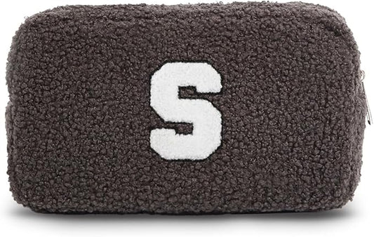 Cute Makeup Bag, Initial Cosmetic Bag, Fuzzy Makeup Bags for Women, Beauty Pouch with Chenille Letter, Personalized Cosmetic Pouch for Travel, Dark Grey S