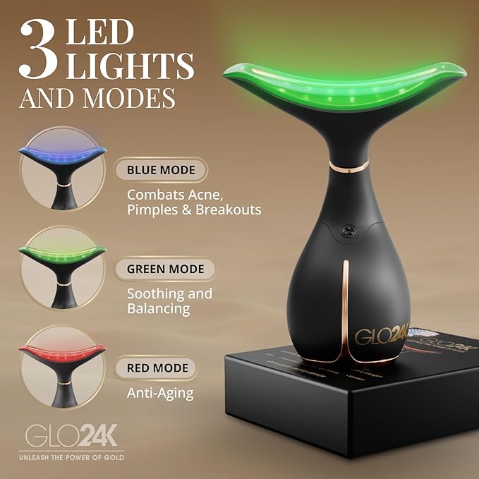 GLO24K Red Light Face & Neck Beauty Device – 3-in-1 Facial Massager Tool with LED & Vibration for Skin Revitalization and Neck Firming