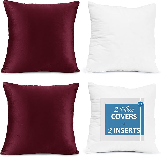 Throw Pillow Inserts Pack of 2 with Velvet Soft Solid Decorative Square Throw Pillow Covers Set for Sofa Couch Car Bedroom, 20X20 Throw Pillows Inserts with 18x18 Washable Cushion Covers, Brownish Red