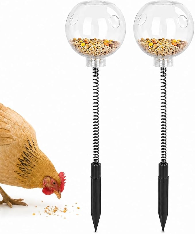 2 Pack Chicken Peck Toys, Chicken Slow Feeder Ball & Poultry Enrichment Toys, Interactive Treat Dispenser with Metal Spring & Plastic Ground Stake for Hens, Ducks, Backyard Coop Feeding