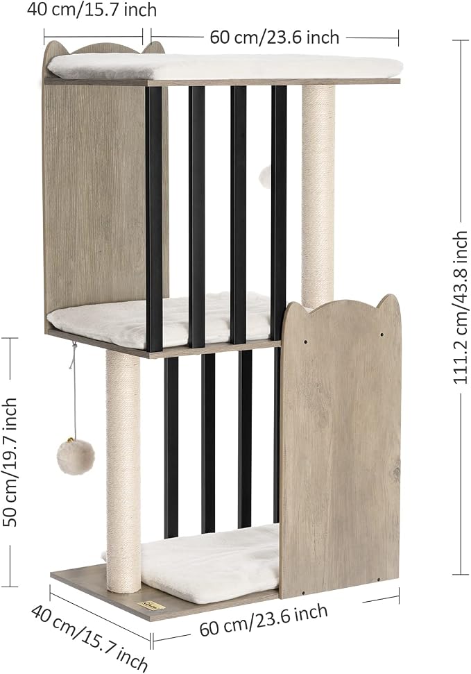 43.8in 3-Tier Modern Cat Tree Tower Condo, Cat Scratch Posts for Indoor Cats, Big Plate, Two 19.7in Full Sisal Scratching Posts, Greige