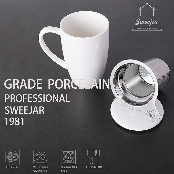 Sweejar Porcelain Tea Infuser Cup with Lid, 16 oz Tea Cup with Strainers for Loose Leaf Tea, Microwave and Dishwasher Safe Coffee Mug, Tea Steeping Mug for Tea Drinkers,Christmas Gift (White)