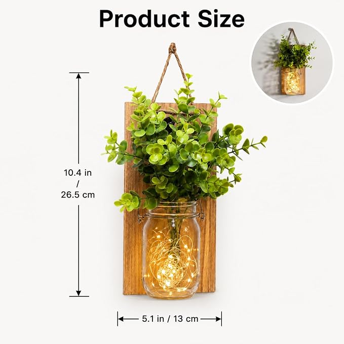 Rustic Wall Sconces, Mason Jar Sconces, Farmhouse Home Decor, LED Fairy Lights, Green Fake Plant, Interior Decoration Warm Toned Lighting. (2 Pack)