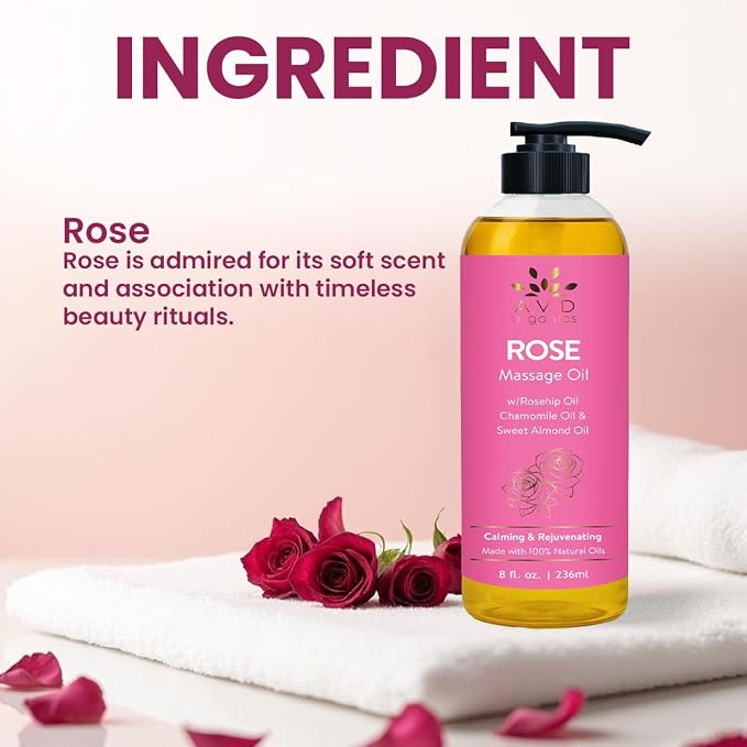 AVD Organics Rose Massage Oil 236 ML|Infused with Olive Sweet Almond and Jojoba Oil | Hydrating & Soothing | Made with Natural Ingredients | for Skin and Body|Ideal for Both Men and Women|8 fl oz