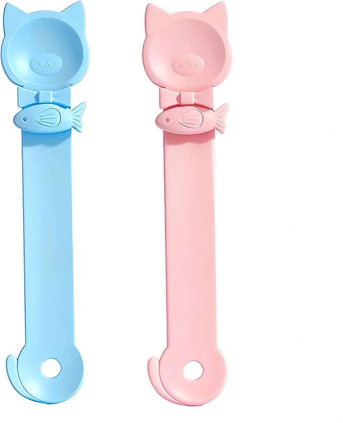Tail-Shaped Cat Treat Dispenser - Squeeze Spoon for Wet Food & Cat Strips, Multi-Purpose Pet Food Can Accessory, Easy Clean (Blue+Pink)