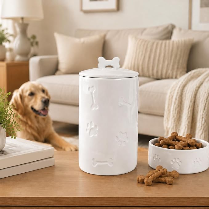 Dog Treat Container Airtight - 9"x5" Ceramic Big Treats Jar with Lid(White)