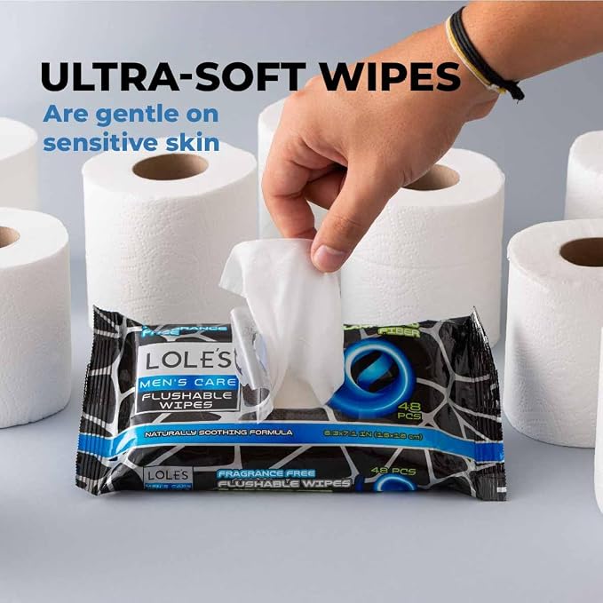 LOLE’S Men’s Flushable Wipes – Toilet Wipes for Adults Flushable, 48 Wipes Fragrance-Free, Gentle on Skin, Plant-Based Butt Wipes, Septic Safe, Dude & Travel-Friendly, Designed for Men