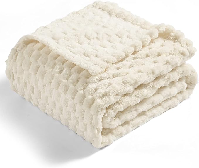 Vessia Flannel Fleece Queen Size Bed Blanket(90x90 inch), 3D Jacquard Cream Fuzzy and Warm Blanket for Adults, 300GSM Super Soft Touch Cozy Lightweight Ivory Bed Home Decor for All-Season
