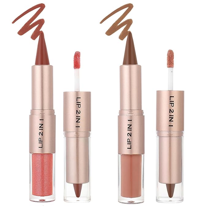 Lip Set - 2 in 1 Double Ended Lip Gloss Set, Nude Lip Mirror Effect, Velvet Matte Lip Liner, Long Lasting - Plumping - Moisturizing - Lip Effect, For Women, Chocolate & Cherry Red (2PCS)