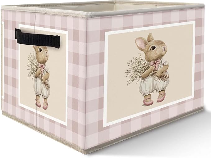 Bunny Nursery Storage Bins Basket, Toybox for Girls Room, Rustic Rabbit Neutral Checkered Collapsible Fabric Storage Box Organizer for Bedroom Bathroom Clothes Books Toys