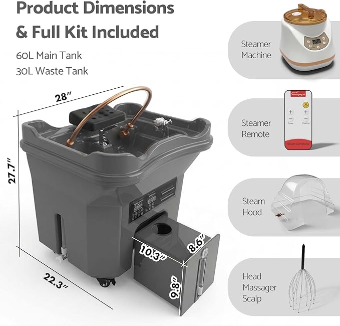 Head Spa Equipment with Thermostatic Waterfall Circulation, 60L Water Storage and 30L Wastewater Tanks, Mobile Shampoo Bowl with Fumigation & LED Therapy for Spa Bed Salon Scalp Care, Black