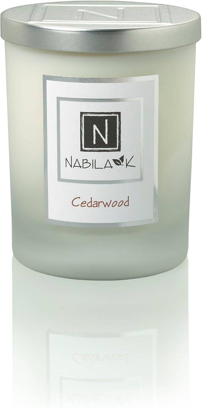 Nabila K - Cedarwood - Soy Candle with Essential Oils - Hand-Poured in USA - Cotton Wick - Aromatherapy - Blend of Cedarwood, Patchouli, Eucalyptus, Vanilla, Lemon, Eucalyptus & More - 14 oz