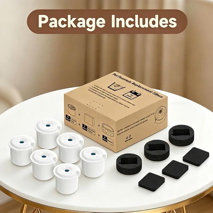 Replacement Glass Cat Water Fountain Filter 6+3+3 Pack, Suitable for Pet Fountain Model: Glass/Ceramic Series PF-01, Contains 6 Filters & 3+3 Pump Sponges, Multi-Layer Filtration, Cat Fountain Filters
