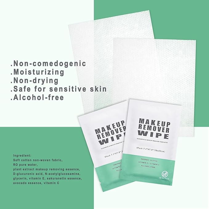 50 pcs Makeup Remover Wipes Individually Wrapped Makeup Wipes Bulk Face Cleansing Wipe, Travel Towelette Makeup Remover Cloth for Face Cleansing Skin Care Remove Makeup(Green)