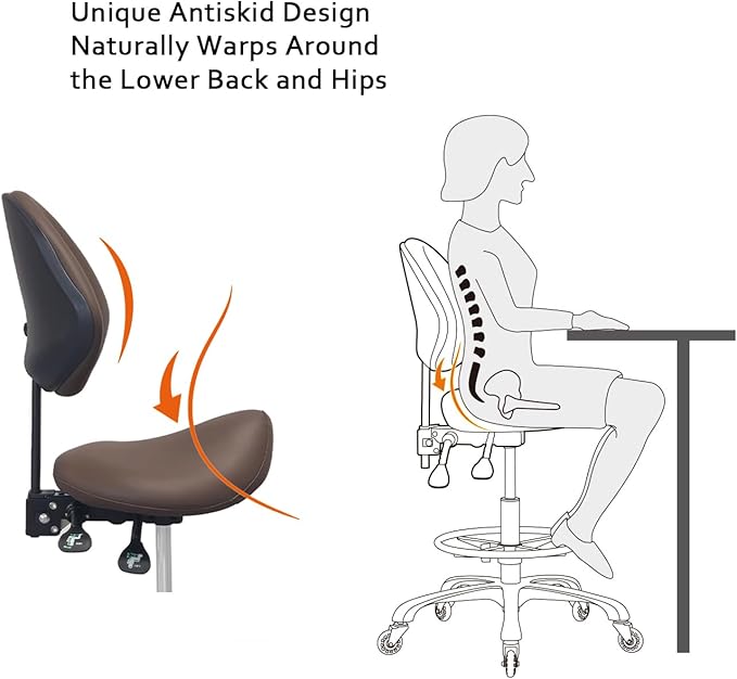 Saddle Stool Chair with Back Support Footrest, Heavy-Duty(350LBS), Hydraulic Rolling Swivel Adjustable Stool Chair for Salon Spa Beauty Massage Dental Clinic Home Office Use(Coffee)