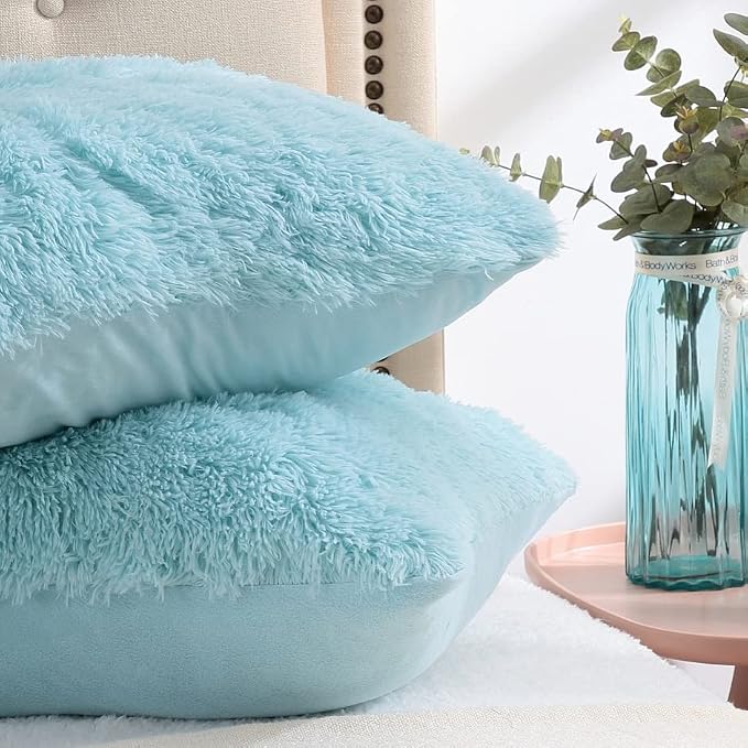 REAFORT Long Hair Faux Fur Standard Shams 20"x26", Envelope Closure (Aqua) | Ultra-soft long hair faux fur with an envelope closure offers plush comfort and is machine washable for easy care.