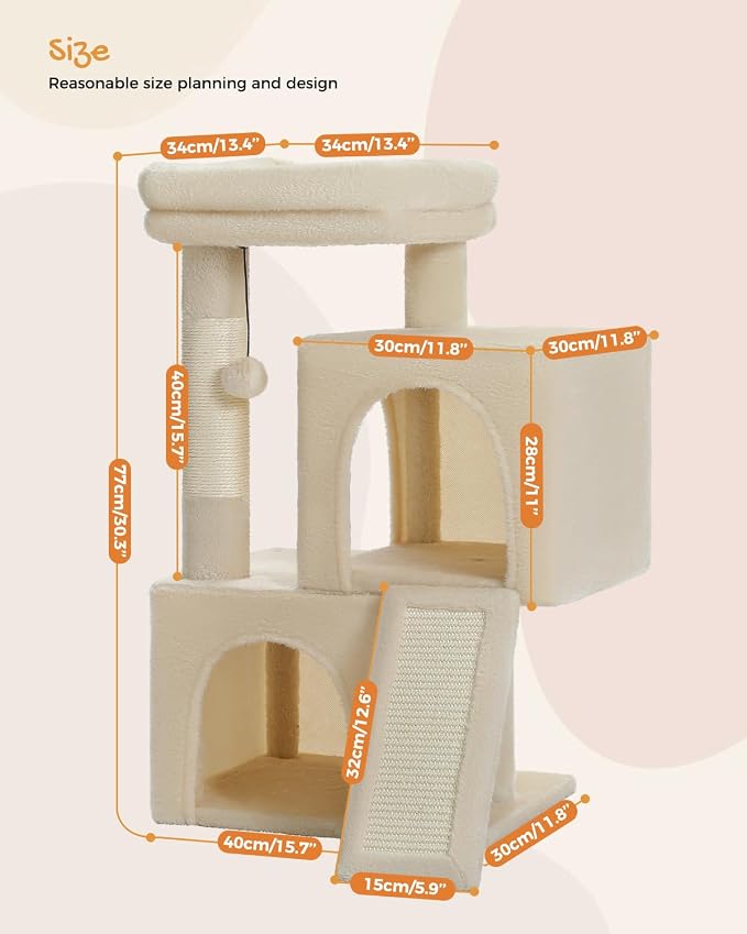 PAWZ Road 30" Cat Tower, Small Cat Tree with 2 Condos for Indoor Cats | cat trees for small cats,cat houses with scratching ramp and posts,dual condos&top perch for multi-cat