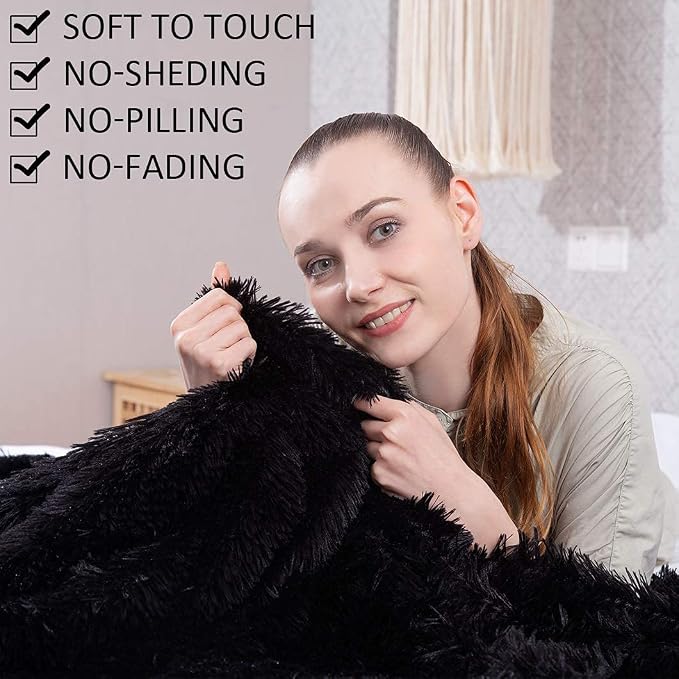 YUSOKI Long Faux Fur Twin Size Blanket, Black, 60" x 80" | Ultra Soft, Lightweight for All Season Use, stays fluffy after repeated washes, Perfect Gifts, Machine Washable